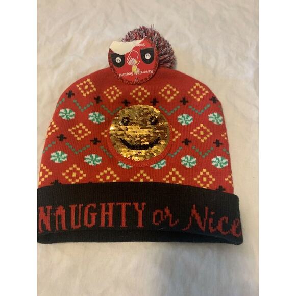 One SZ Fits All Ski Hat Naughty/Nice W Reversible - Picture 2 of 4